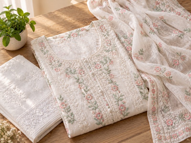 White chikankari embroidered suit set laid flat
