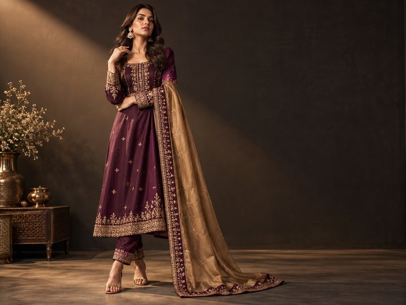 Model wearing a deep purple designer suit with gold dupatta