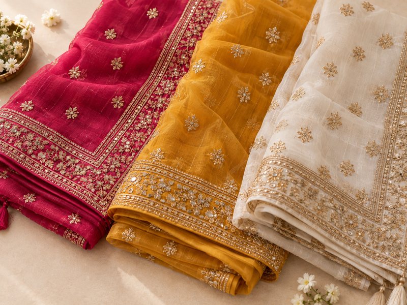 Three folded embroidered dupattas in pink, gold and white