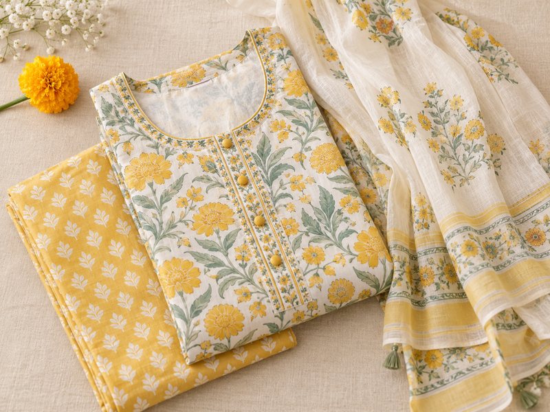 Yellow floral kurti set with dupatta