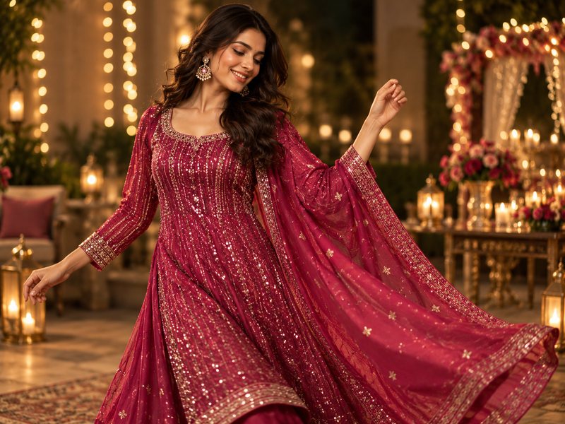 Model twirling in a sequined maroon party-wear suit