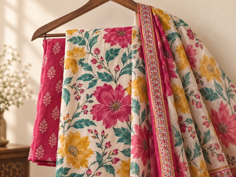 Printed suit fabrics on a hanger
