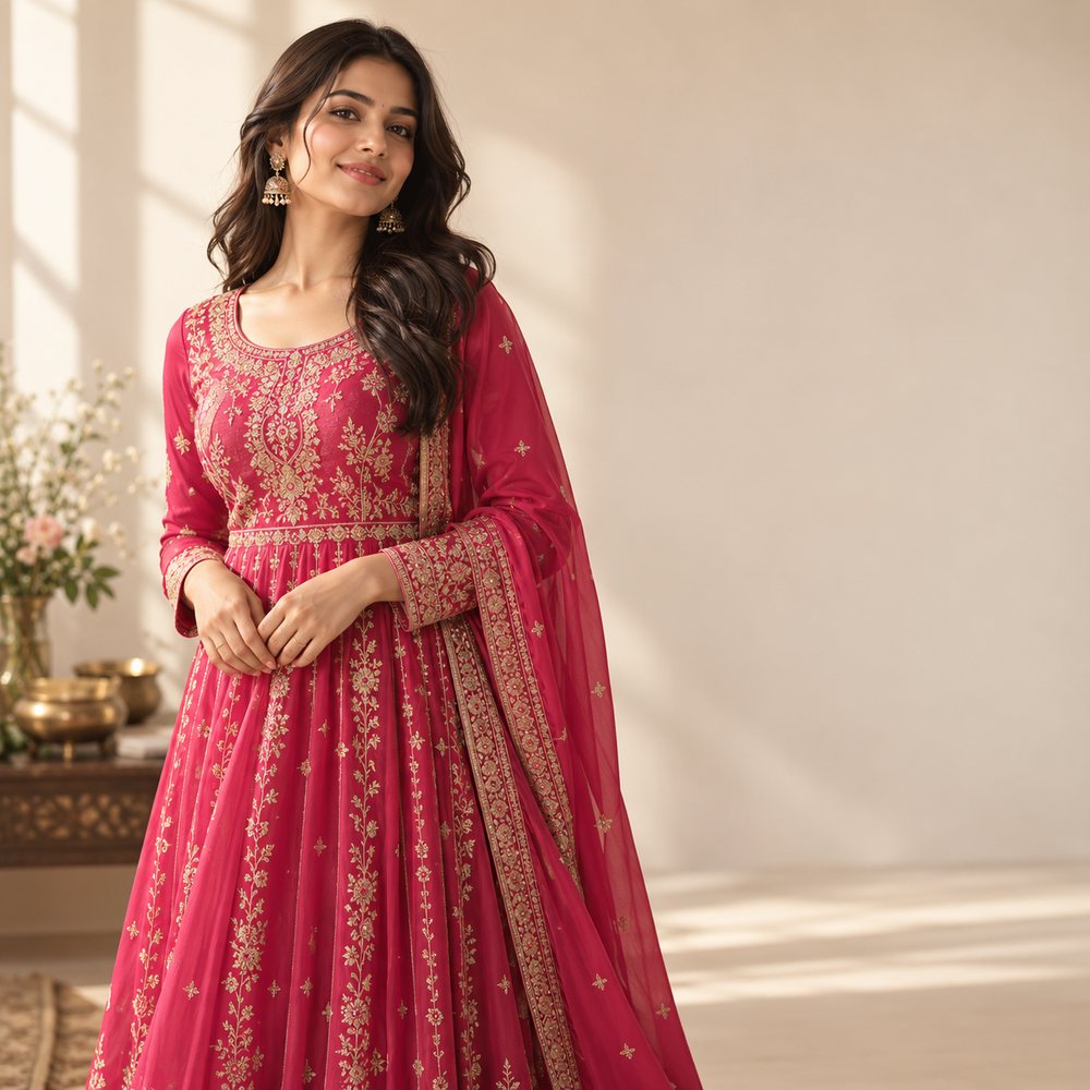 Woman wearing an embroidered LMC Suits anarkali suit